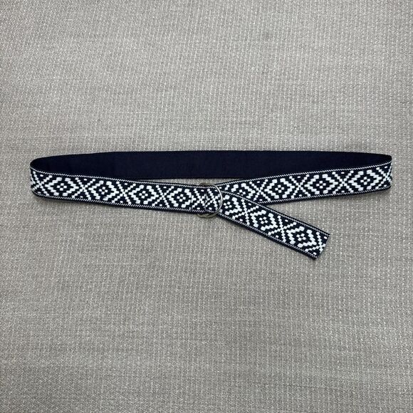 Navy & White D-ring Buckle Embroidered Boho Hippie Belt Southwest Geo Pattern - Picture 2 of 4